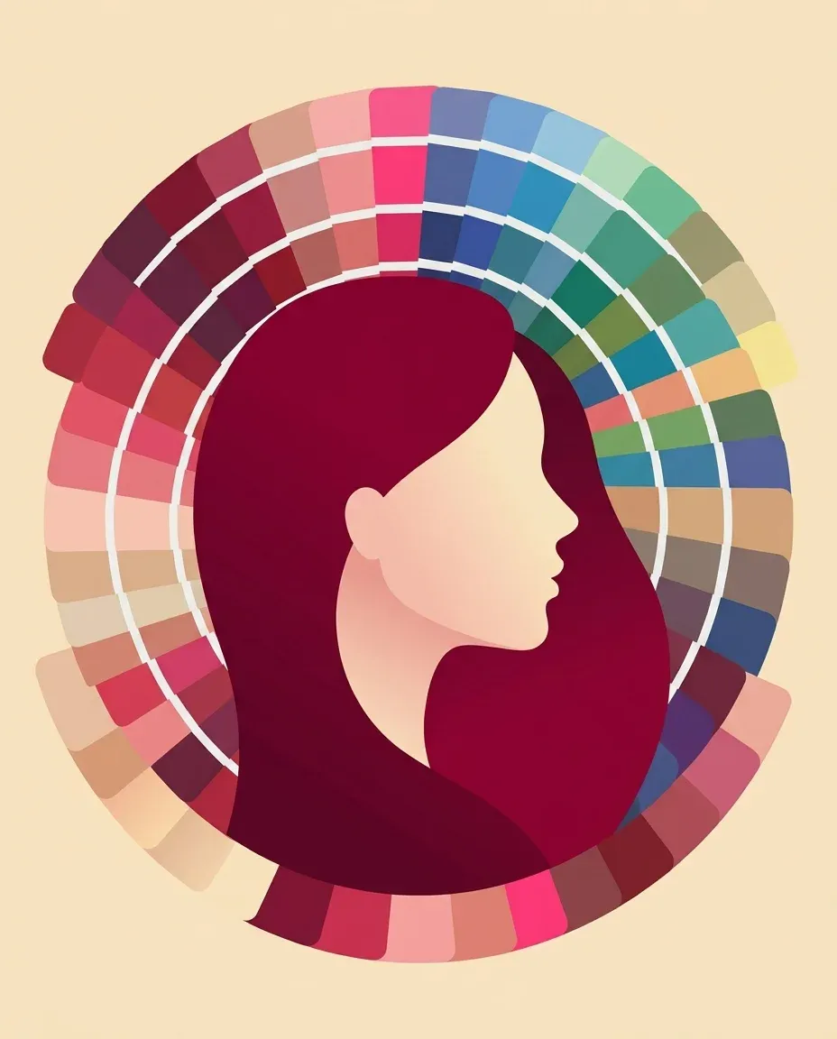 Ilustração de uma cartela de cores em formato de leque ao redor do perfil de uma pessoa, representando o resultado da coloração pessoal